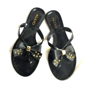 Black and gold bow sandals